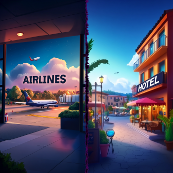 The image is split vertically: the left side shows an airport scene with an airplane and a sign for "AIRLINES," while the right side depicts a bustling street with a hotel and outdoor cafe, suggesting travel and accommodation.